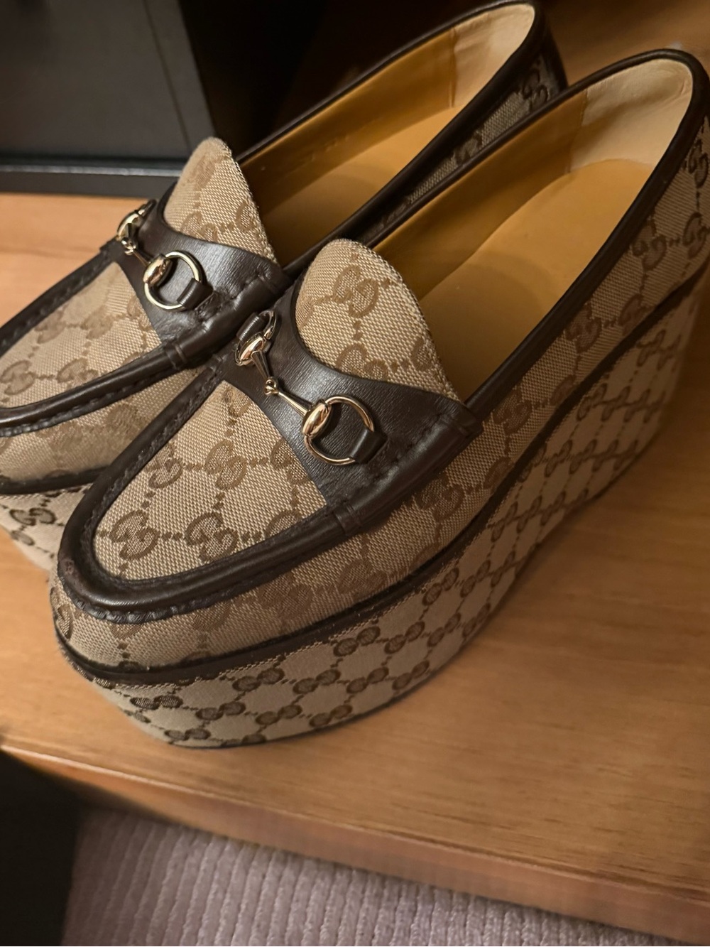 Gucci Beige and Brown GG Canvas Platform Loafers with Gold Horsebit